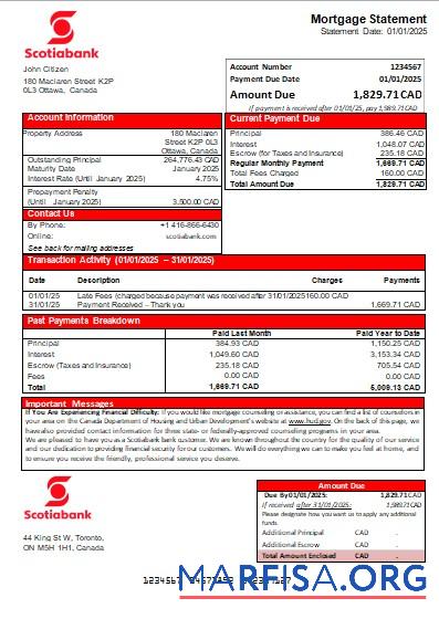Printable Canada Scotiabank bank mortgage statement scr sample